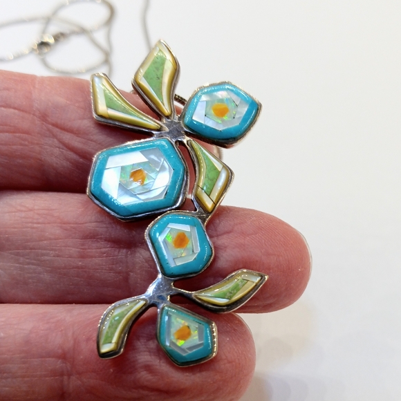 Jewelry - Handmade 1 3/4" Long Sterling Opal MOP Gemstones Necklace Pendant OOAK